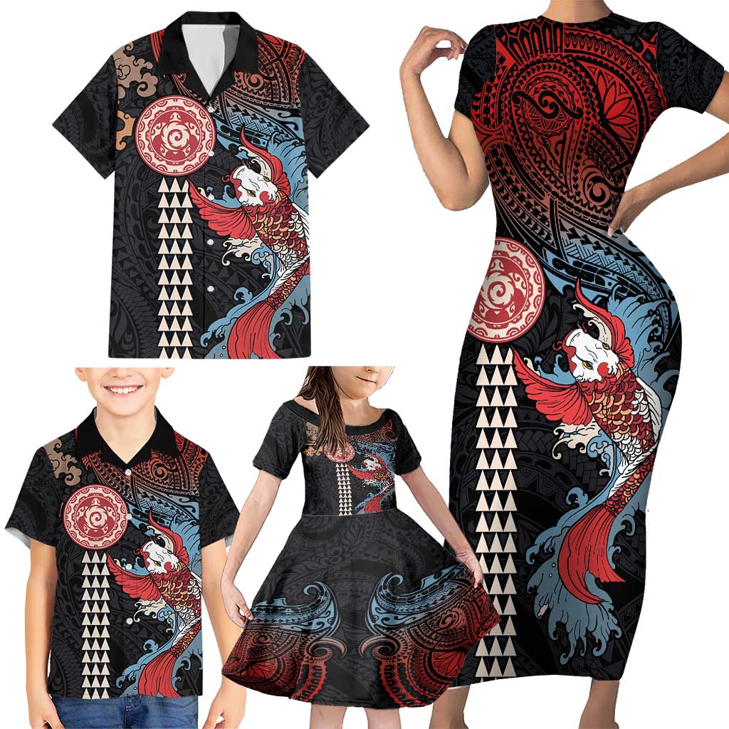 Hawaii and Japanese Together Family Matching Short Sleeve Bodycon Dress and Hawaiian Shirt Koi Fish and Kakau Pattern