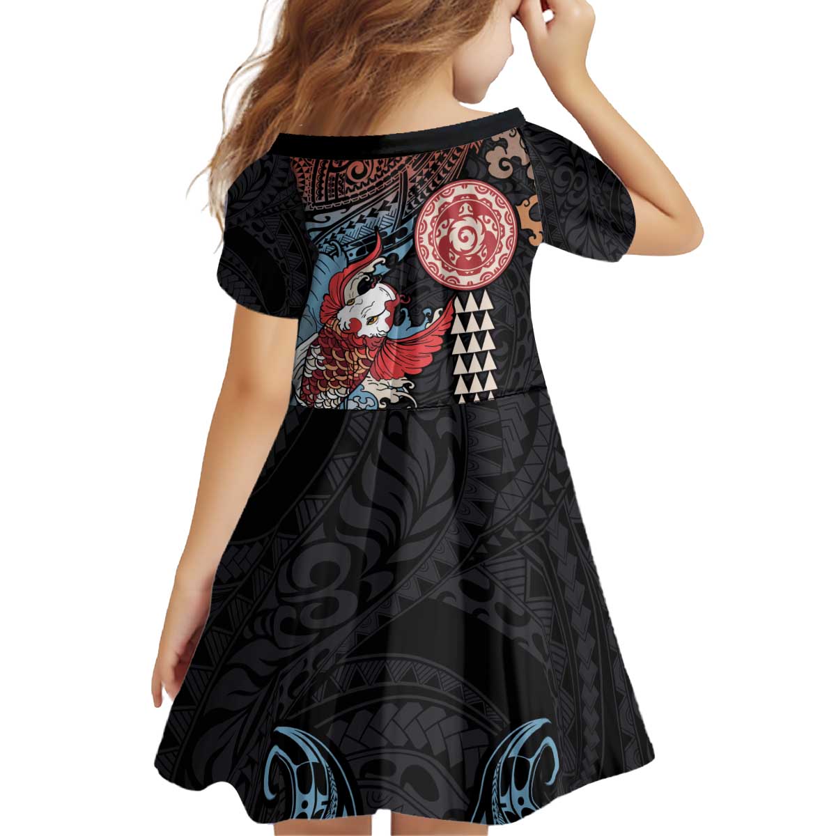 Hawaii and Japanese Together Kid Short Sleeve Dress Koi Fish and Kakau Pattern