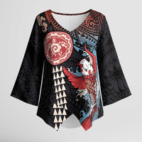 Hawaii and Japanese Together Kimono Sleeve Blouse Koi Fish and Kakau Pattern - Polynesian Pride