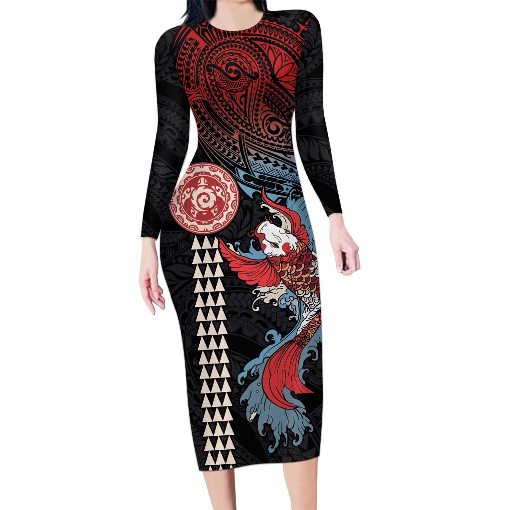 Hawaii and Japanese Together Long Sleeve Bodycon Dress Koi Fish and Kakau Pattern