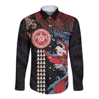 Hawaii and Japanese Together Long Sleeve Button Shirt Koi Fish and Kakau Pattern