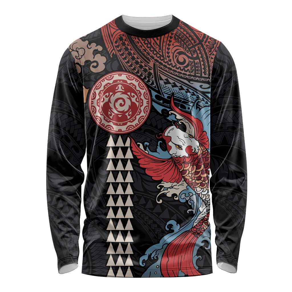 Hawaii and Japanese Together Long Sleeve Shirt Koi Fish and Kakau Pattern