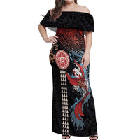 Hawaii and Japanese Together Off Shoulder Maxi Dress Koi Fish and Kakau Pattern