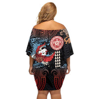 Hawaii and Japanese Together Off Shoulder Short Dress Koi Fish and Kakau Pattern