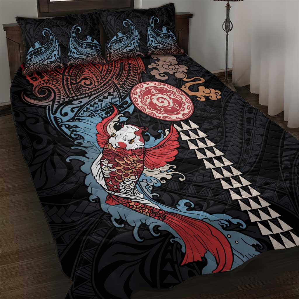 Hawaii and Japanese Together Quilt Bed Set Koi Fish and Kakau Pattern