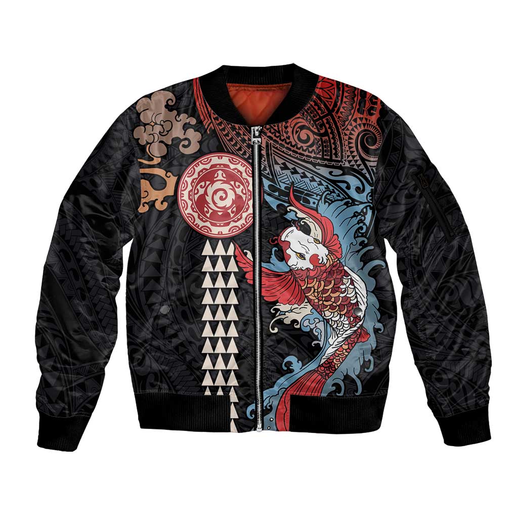 Hawaii and Japanese Together Sleeve Zip Bomber Jacket Koi Fish and Kakau Pattern