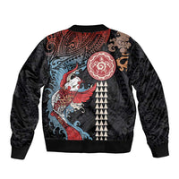 Hawaii and Japanese Together Sleeve Zip Bomber Jacket Koi Fish and Kakau Pattern