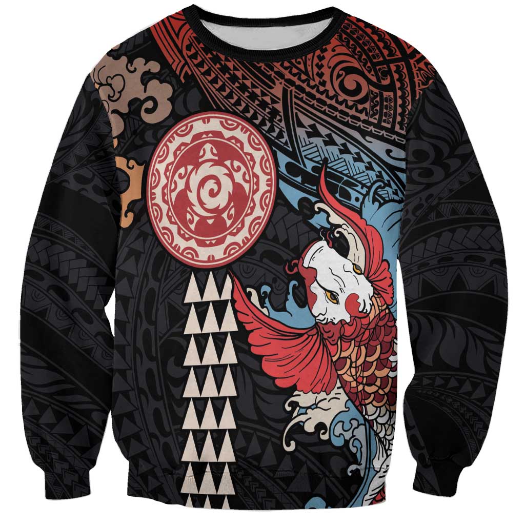 Hawaii and Japanese Together Sweatshirt Koi Fish and Kakau Pattern
