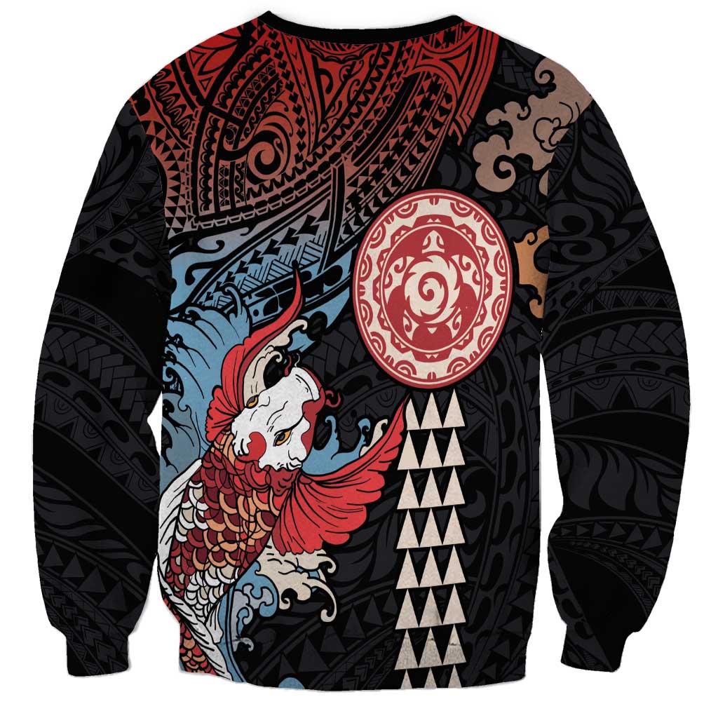 Hawaii and Japanese Together Sweatshirt Koi Fish and Kakau Pattern