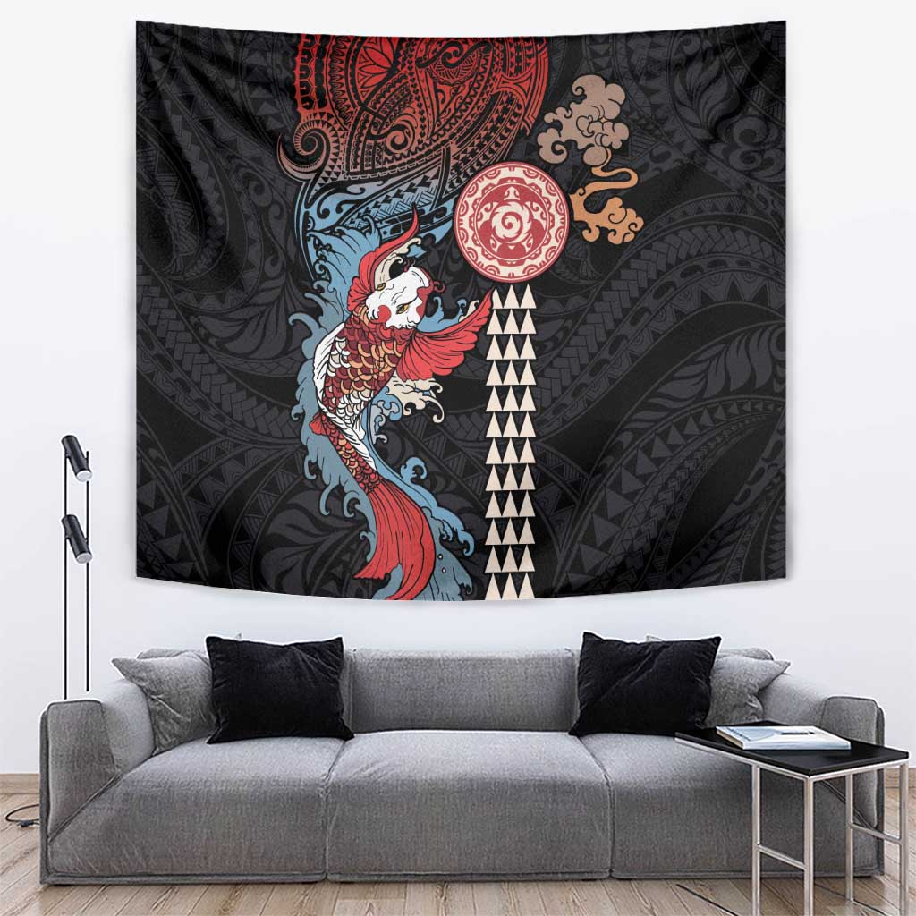 Hawaii and Japanese Together Tapestry Koi Fish and Kakau Pattern