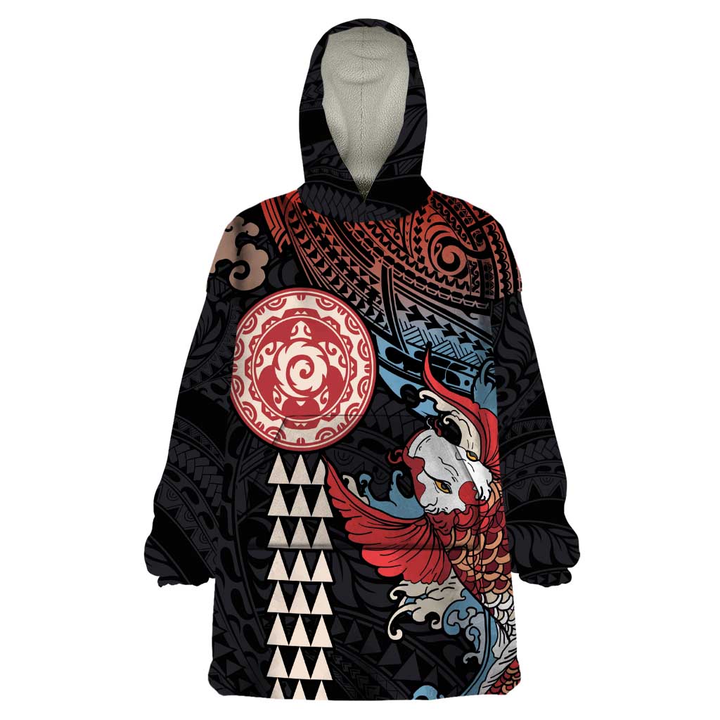 Hawaii and Japanese Together Wearable Blanket Hoodie Koi Fish and Kakau Pattern