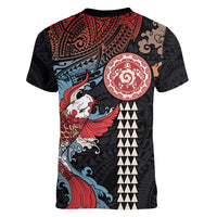 Hawaii and Japanese Together Women V-Neck T-Shirt Koi Fish and Kakau Pattern