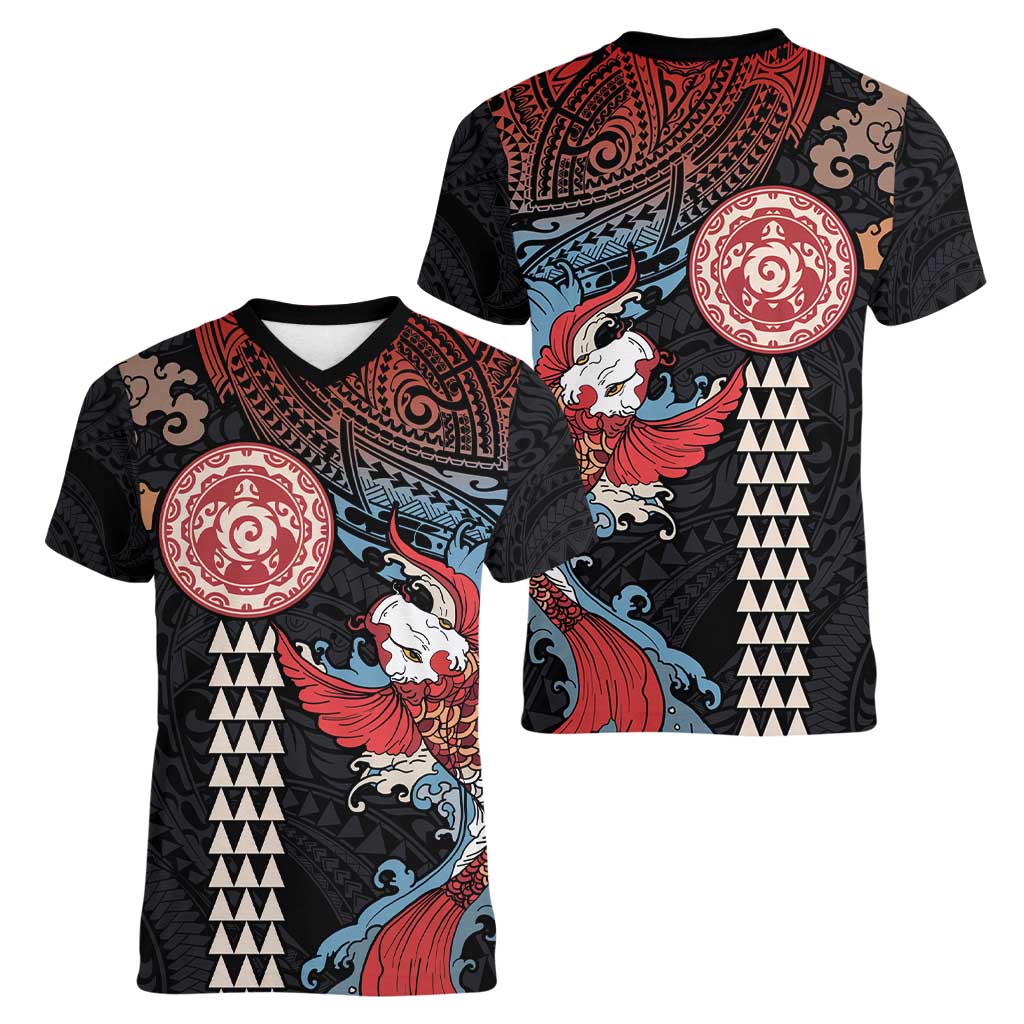 Hawaii and Japanese Together Women V-Neck T-Shirt Koi Fish and Kakau Pattern