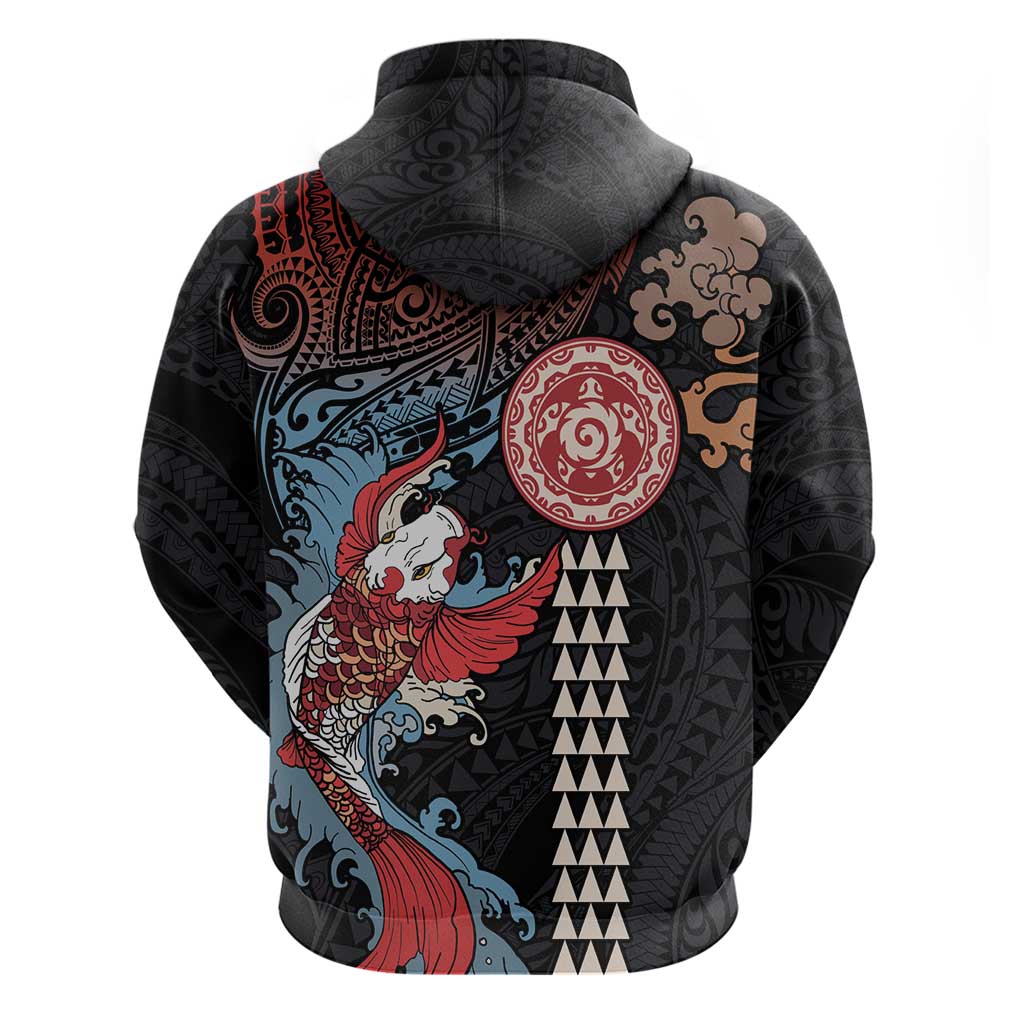 Hawaii and Japanese Together Zip Hoodie Koi Fish and Kakau Pattern
