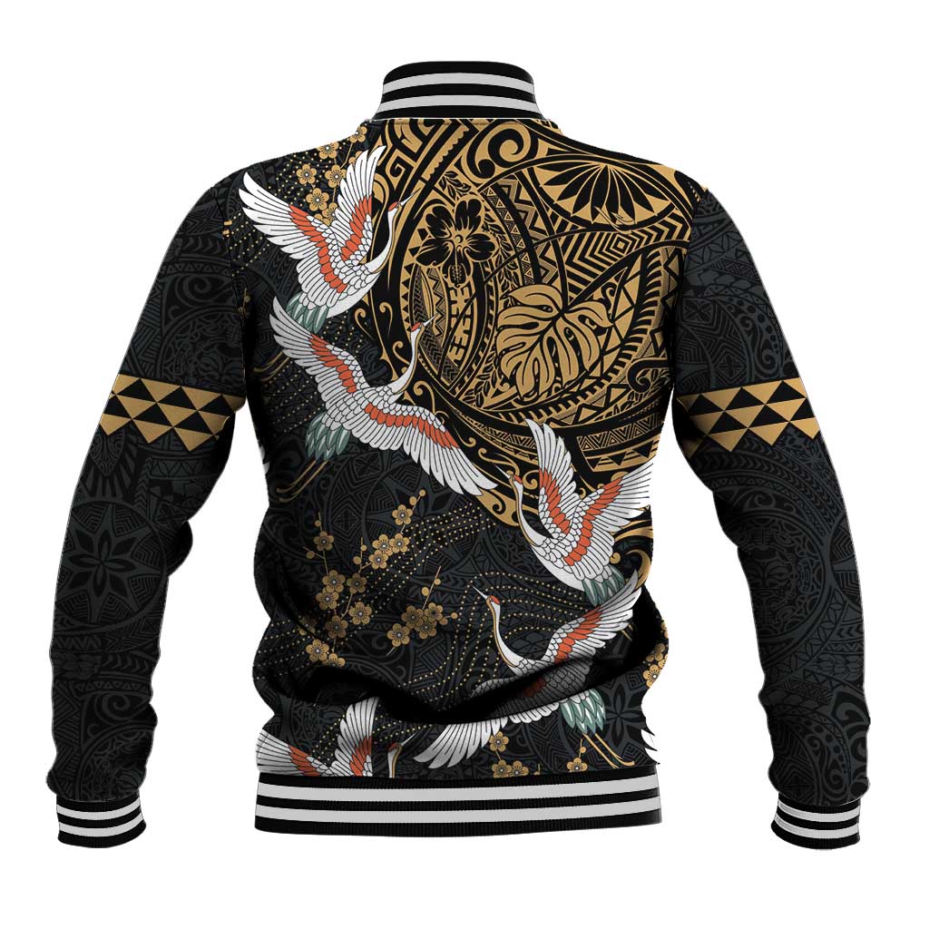 Hawaii and Japanese Together Baseball Jacket Cranes Birds with Kakau Pattern