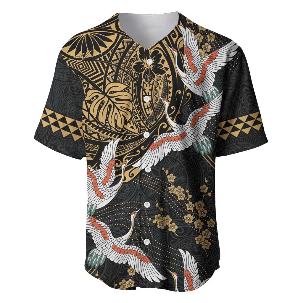 Hawaii and Japanese Together Baseball Jersey Cranes Birds with Kakau Pattern