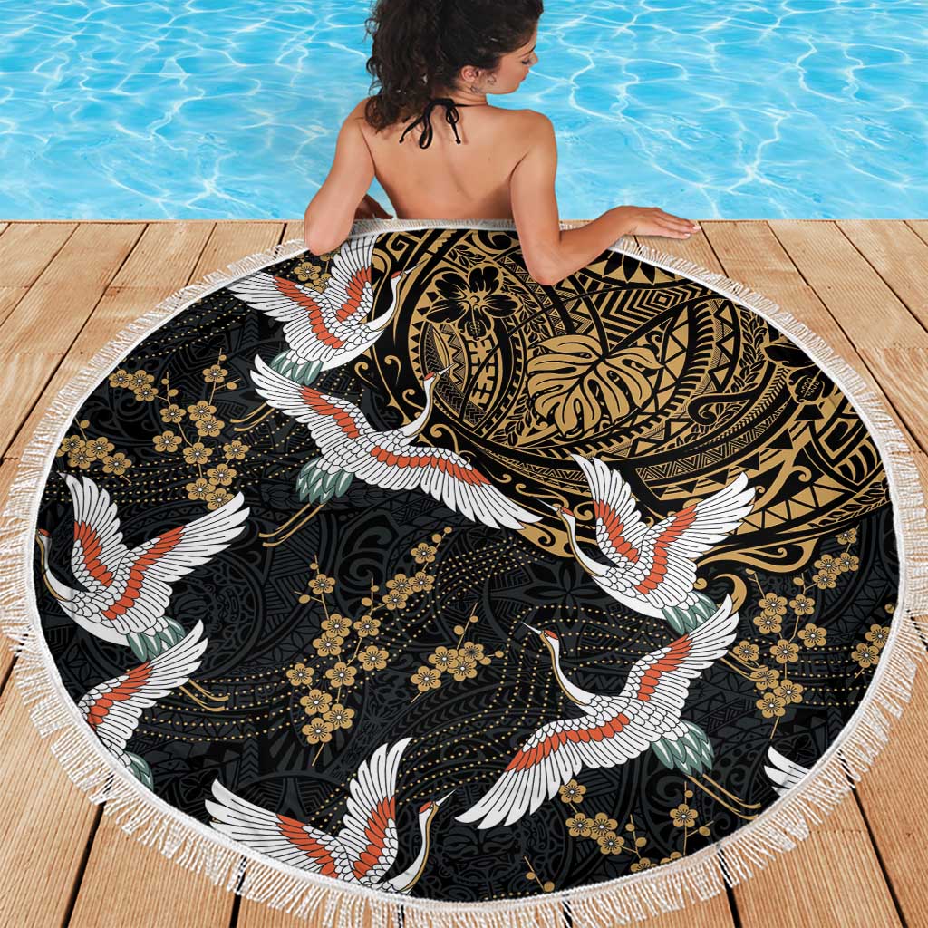 Hawaii and Japanese Together Beach Blanket Cranes Birds with Kakau Pattern