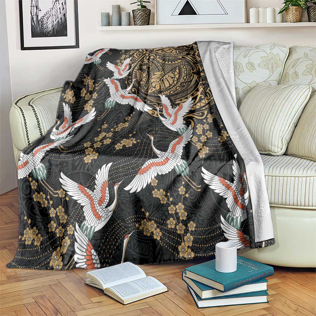 Hawaii and Japanese Together Blanket Cranes Birds with Kakau Pattern