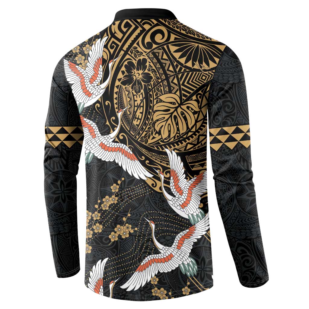 Hawaii and Japanese Together Button Sweatshirt Cranes Birds with Kakau Pattern