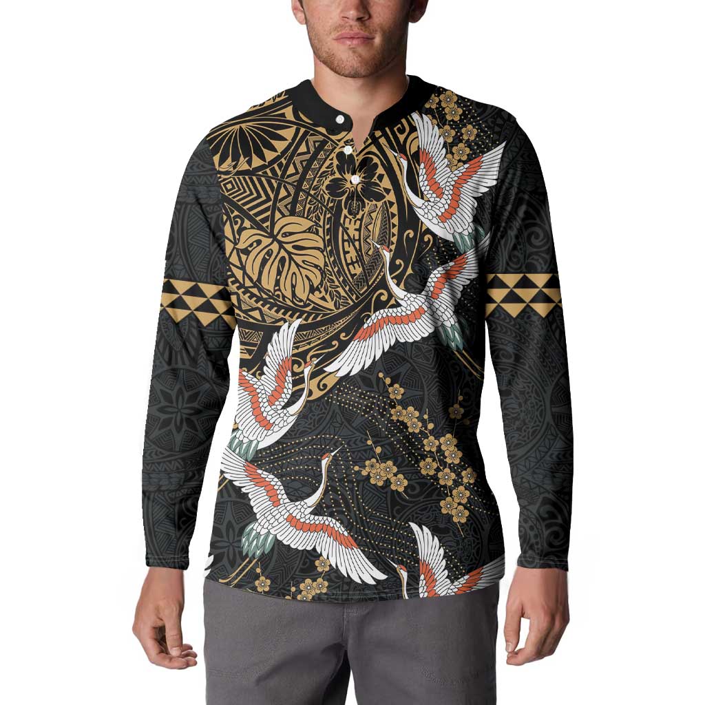 Hawaii and Japanese Together Button Sweatshirt Cranes Birds with Kakau Pattern