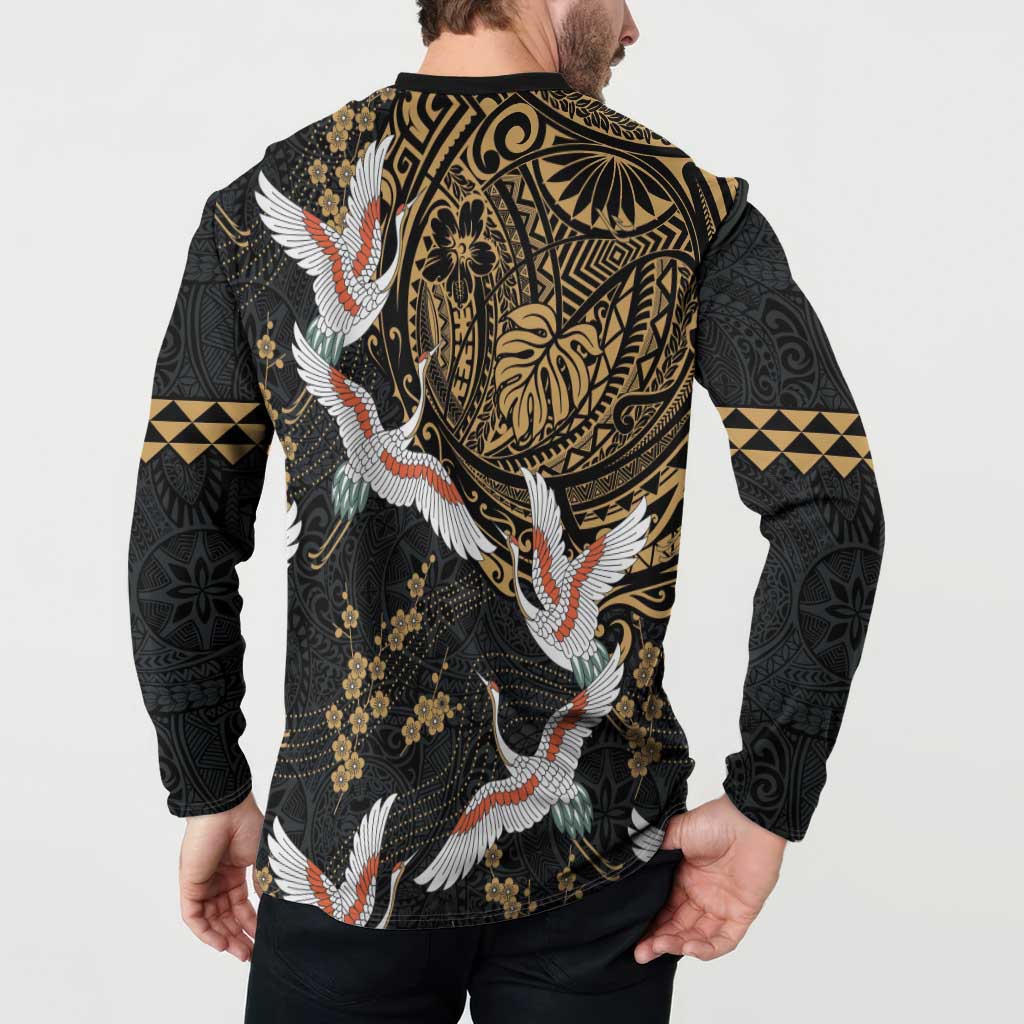 Hawaii and Japanese Together Button Sweatshirt Cranes Birds with Kakau Pattern