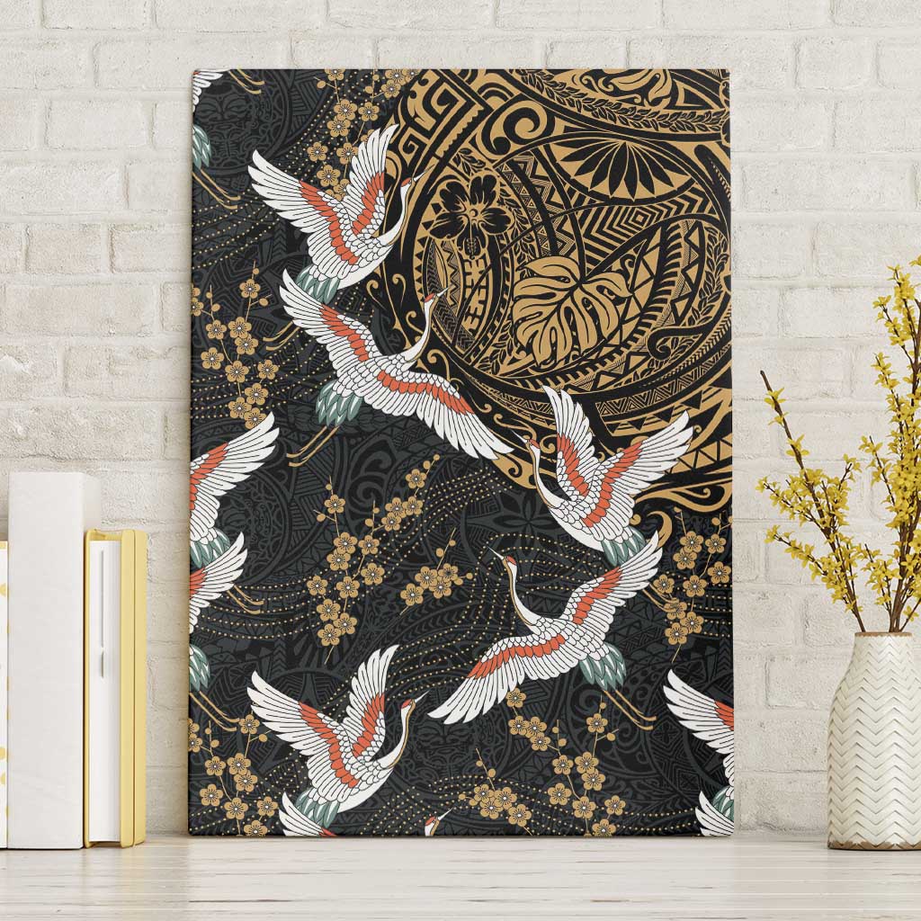 Hawaii and Japanese Together Canvas Wall Art Cranes Birds with Kakau Pattern