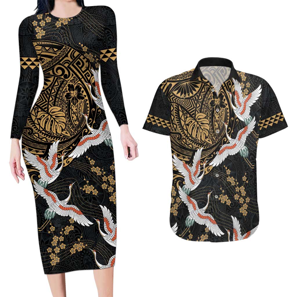 Hawaii and Japanese Together Couples Matching Long Sleeve Bodycon Dress and Hawaiian Shirt Cranes Birds with Kakau Pattern