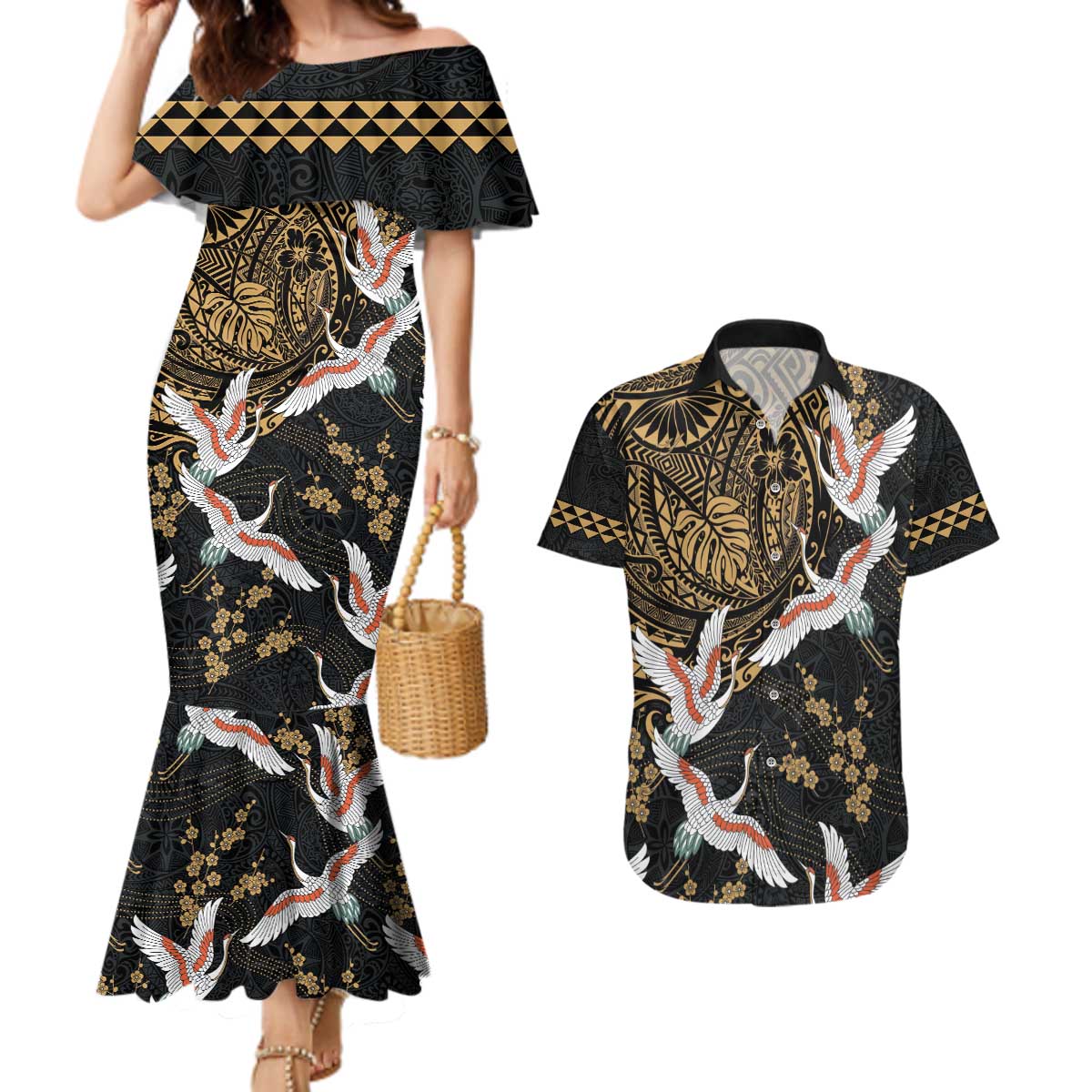 Hawaii and Japanese Together Couples Matching Mermaid Dress and Hawaiian Shirt Cranes Birds with Kakau Pattern