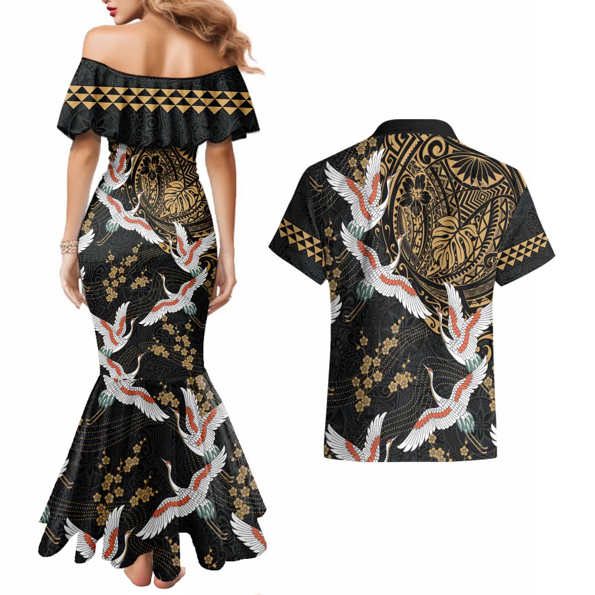 Hawaii and Japanese Together Couples Matching Mermaid Dress and Hawaiian Shirt Cranes Birds with Kakau Pattern