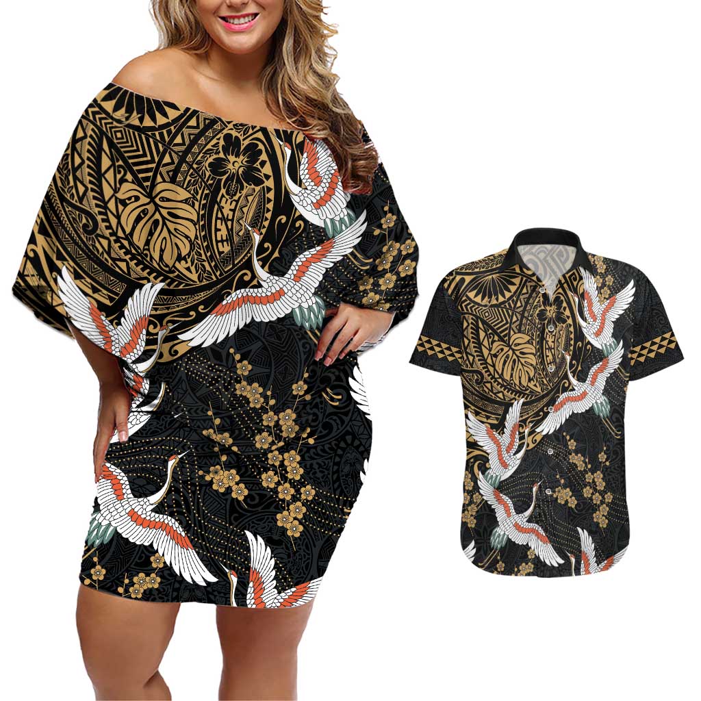 Hawaii and Japanese Together Couples Matching Off Shoulder Short Dress and Hawaiian Shirt Cranes Birds with Kakau Pattern