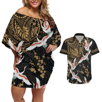 Hawaii and Japanese Together Couples Matching Off Shoulder Short Dress and Hawaiian Shirt Cranes Birds with Kakau Pattern