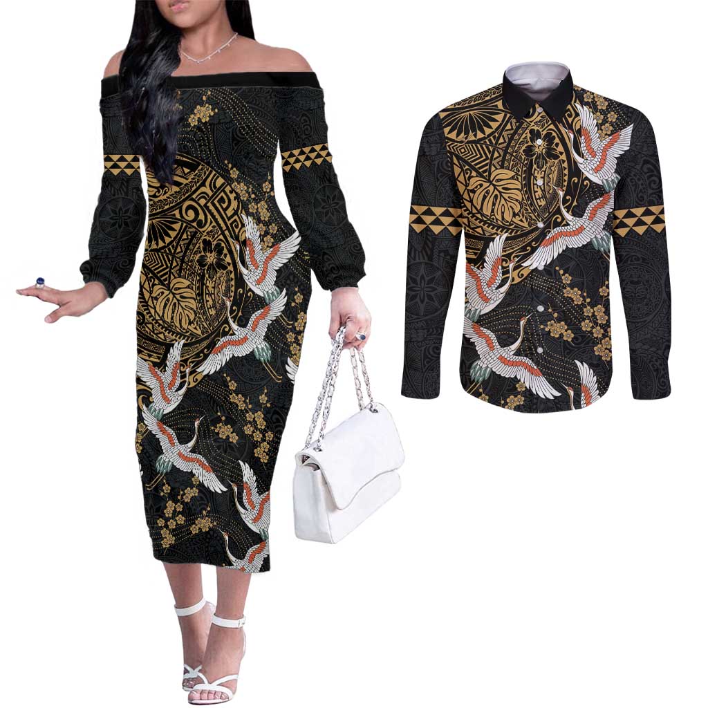 Hawaii and Japanese Together Couples Matching Off The Shoulder Long Sleeve Dress and Long Sleeve Button Shirt Cranes Birds with Kakau Pattern