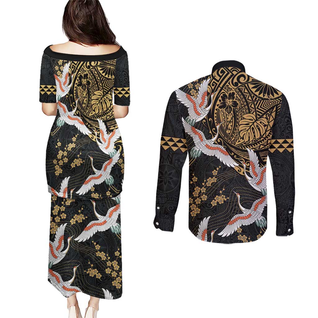 Hawaii and Japanese Together Couples Matching Puletasi and Long Sleeve Button Shirt Cranes Birds with Kakau Pattern