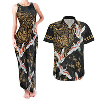 Hawaii and Japanese Together Couples Matching Tank Maxi Dress and Hawaiian Shirt Cranes Birds with Kakau Pattern