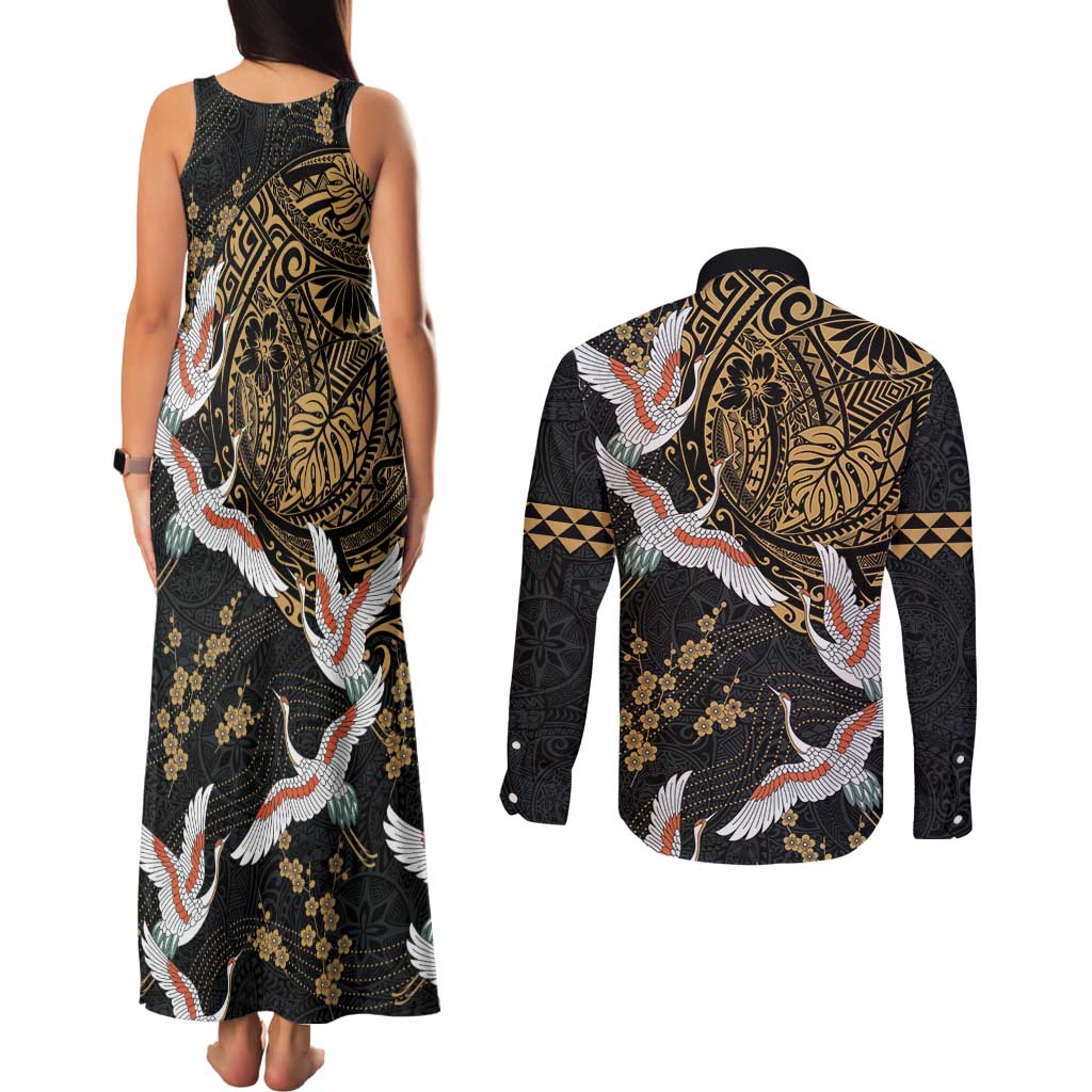 Hawaii and Japanese Together Couples Matching Tank Maxi Dress and Long Sleeve Button Shirt Cranes Birds with Kakau Pattern