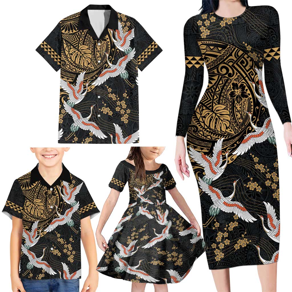 Hawaii and Japanese Together Family Matching Long Sleeve Bodycon Dress and Hawaiian Shirt Cranes Birds with Kakau Pattern