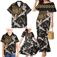 Hawaii and Japanese Together Family Matching Mermaid Dress and Hawaiian Shirt Cranes Birds with Kakau Pattern
