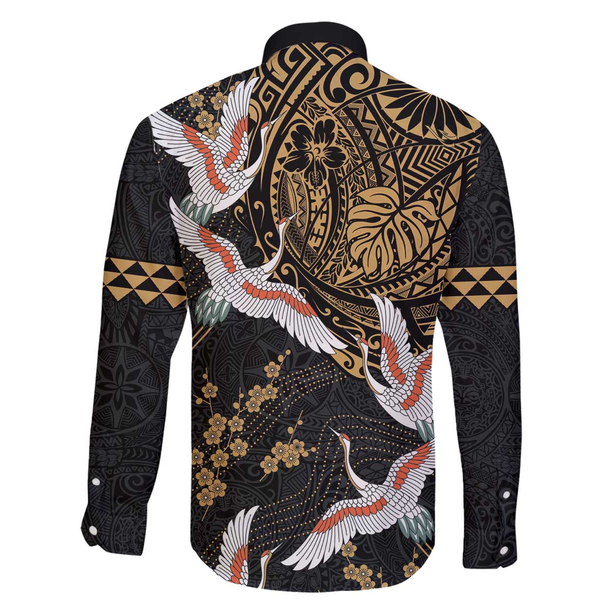 Hawaii and Japanese Together Family Matching Off The Shoulder Long Sleeve Dress and Hawaiian Shirt Cranes Birds with Kakau Pattern