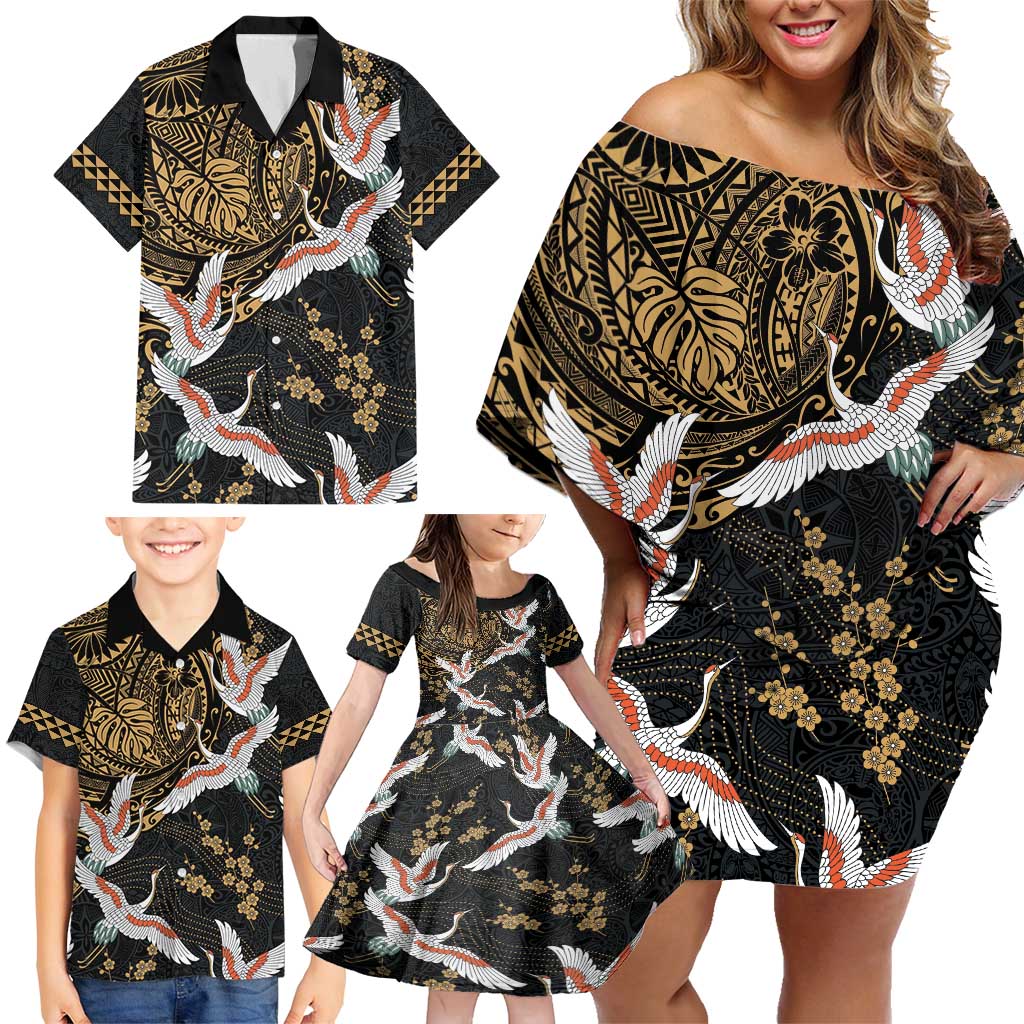 Hawaii and Japanese Together Family Matching Off Shoulder Short Dress and Hawaiian Shirt Cranes Birds with Kakau Pattern