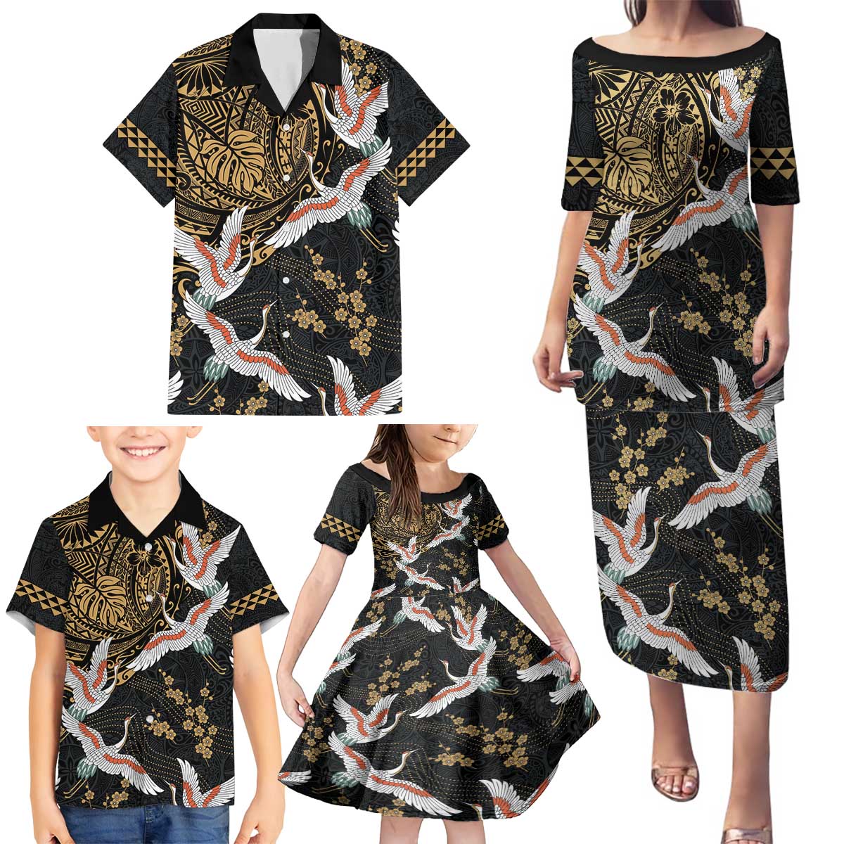 Hawaii and Japanese Together Family Matching Puletasi and Hawaiian Shirt Cranes Birds with Kakau Pattern