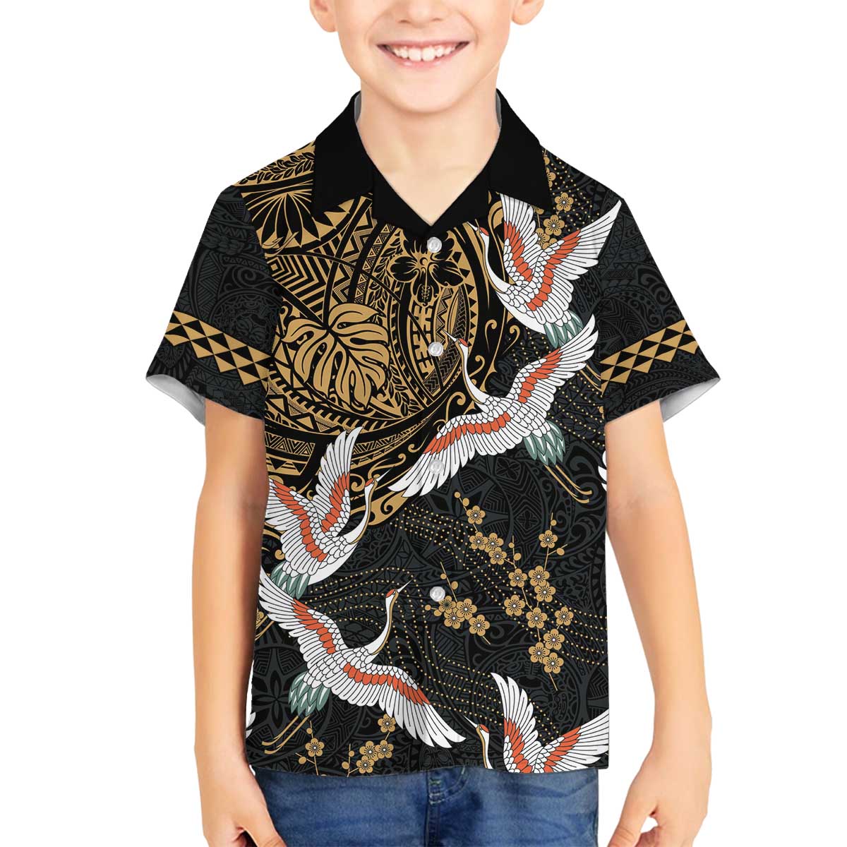 Hawaii and Japanese Together Family Matching Puletasi and Hawaiian Shirt Cranes Birds with Kakau Pattern