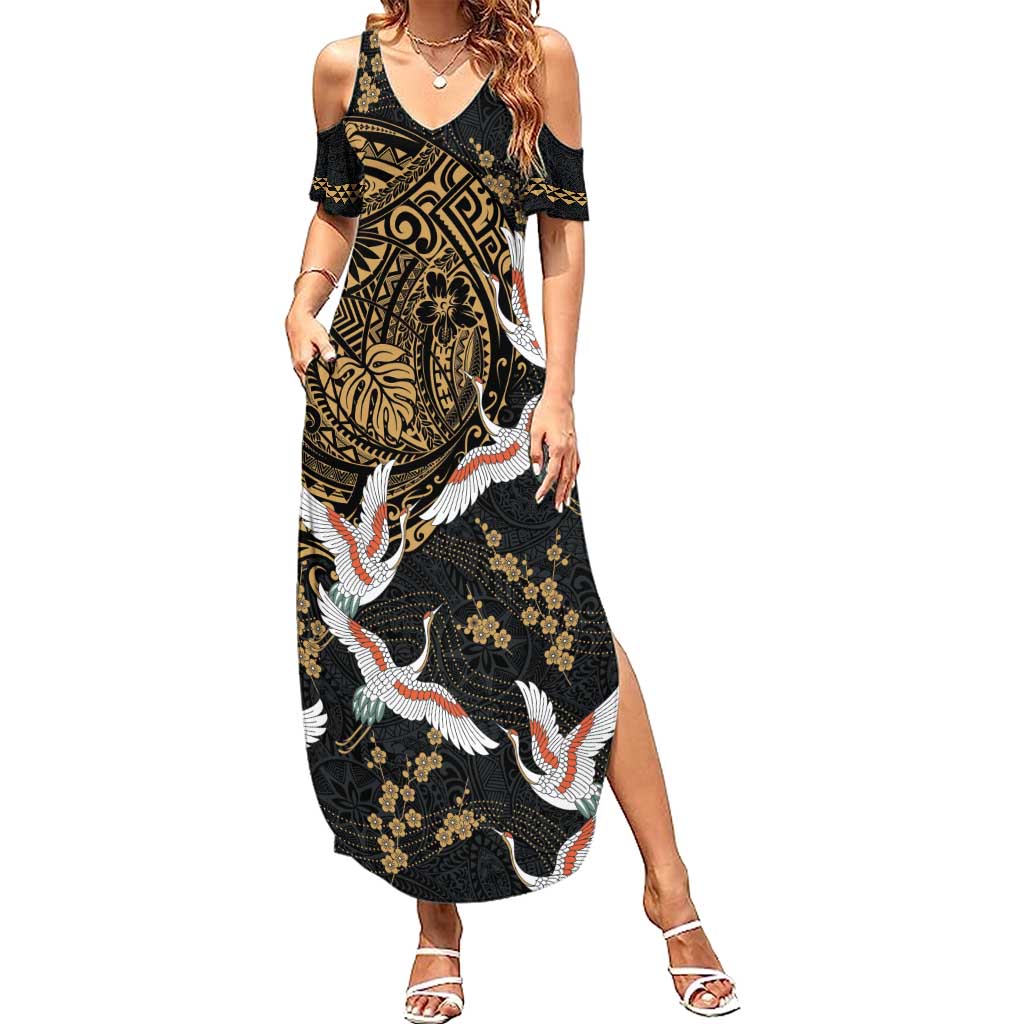 Hawaii and Japanese Together Family Matching Summer Maxi Dress and Hawaiian Shirt Cranes Birds with Kakau Pattern