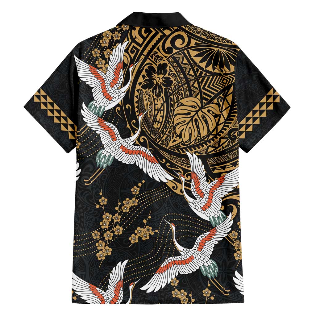 Hawaii and Japanese Together Family Matching Tank Maxi Dress and Hawaiian Shirt Cranes Birds with Kakau Pattern
