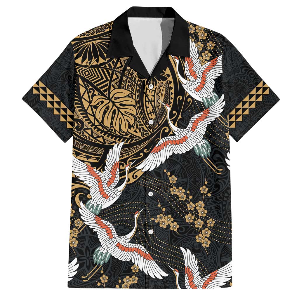 Hawaii and Japanese Together Hawaiian Shirt Cranes Birds with Kakau Pattern