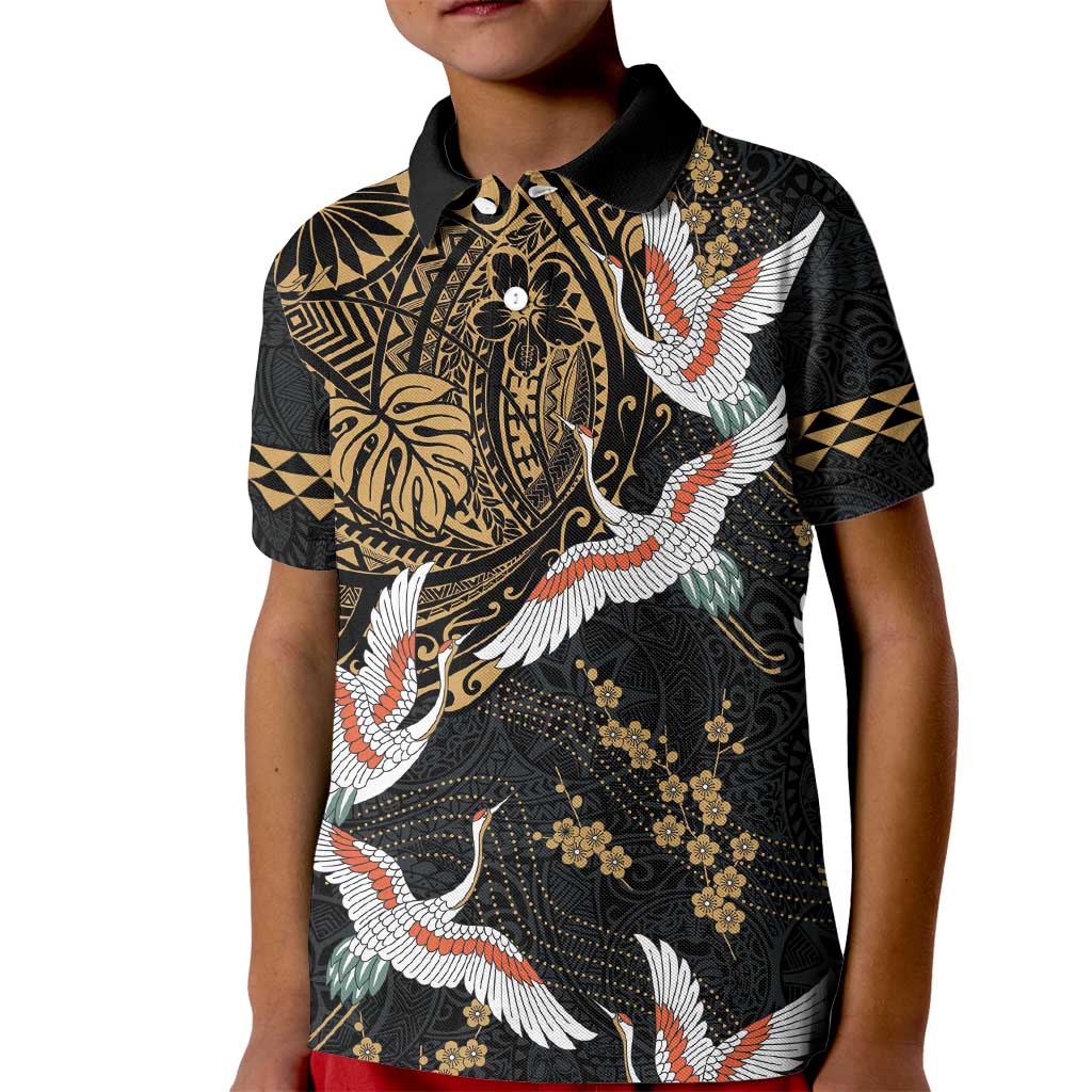 Hawaii and Japanese Together Kid Polo Shirt Cranes Birds with Kakau Pattern