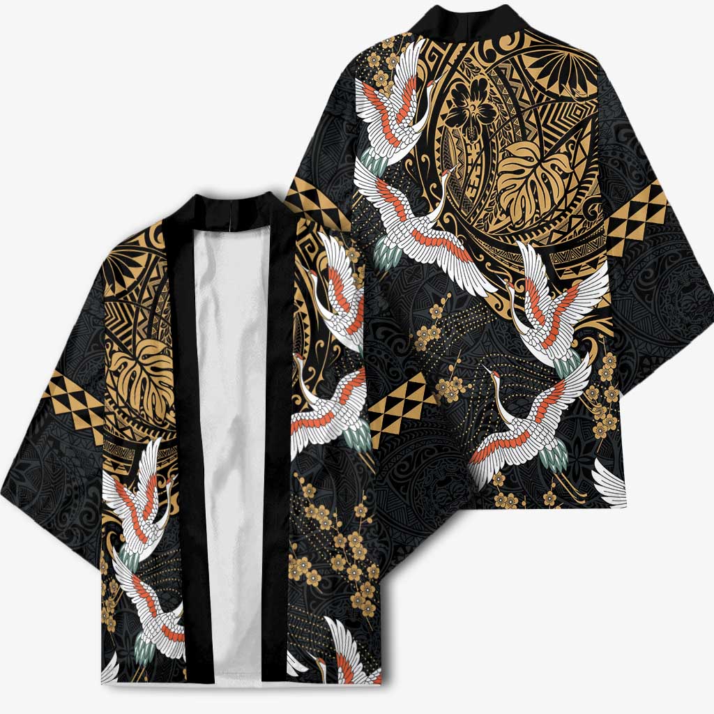 Hawaii and Japanese Together Kimono Cranes Birds with Kakau Pattern - Polynesian Pride
