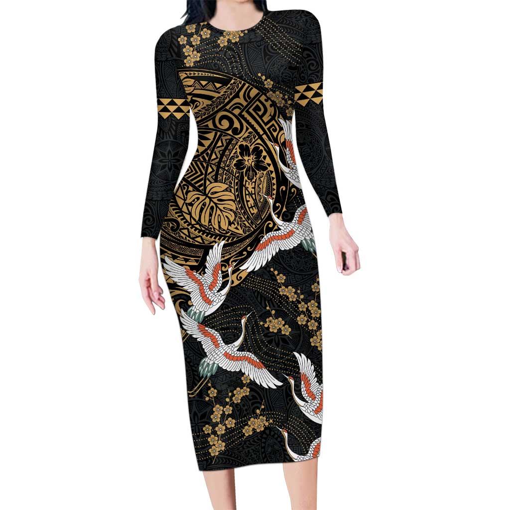 Hawaii and Japanese Together Long Sleeve Bodycon Dress Cranes Birds with Kakau Pattern