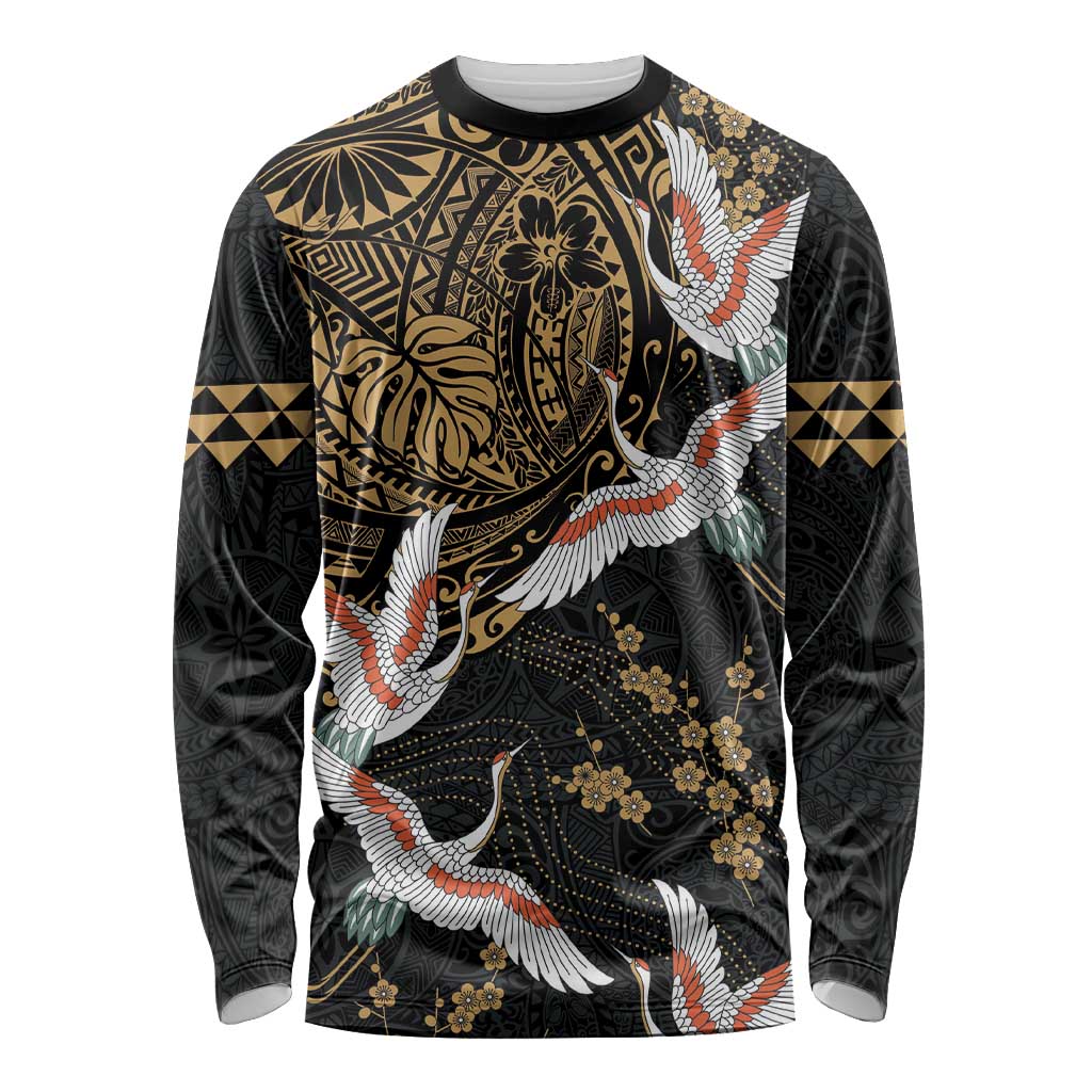 Hawaii and Japanese Together Long Sleeve Shirt Cranes Birds with Kakau Pattern