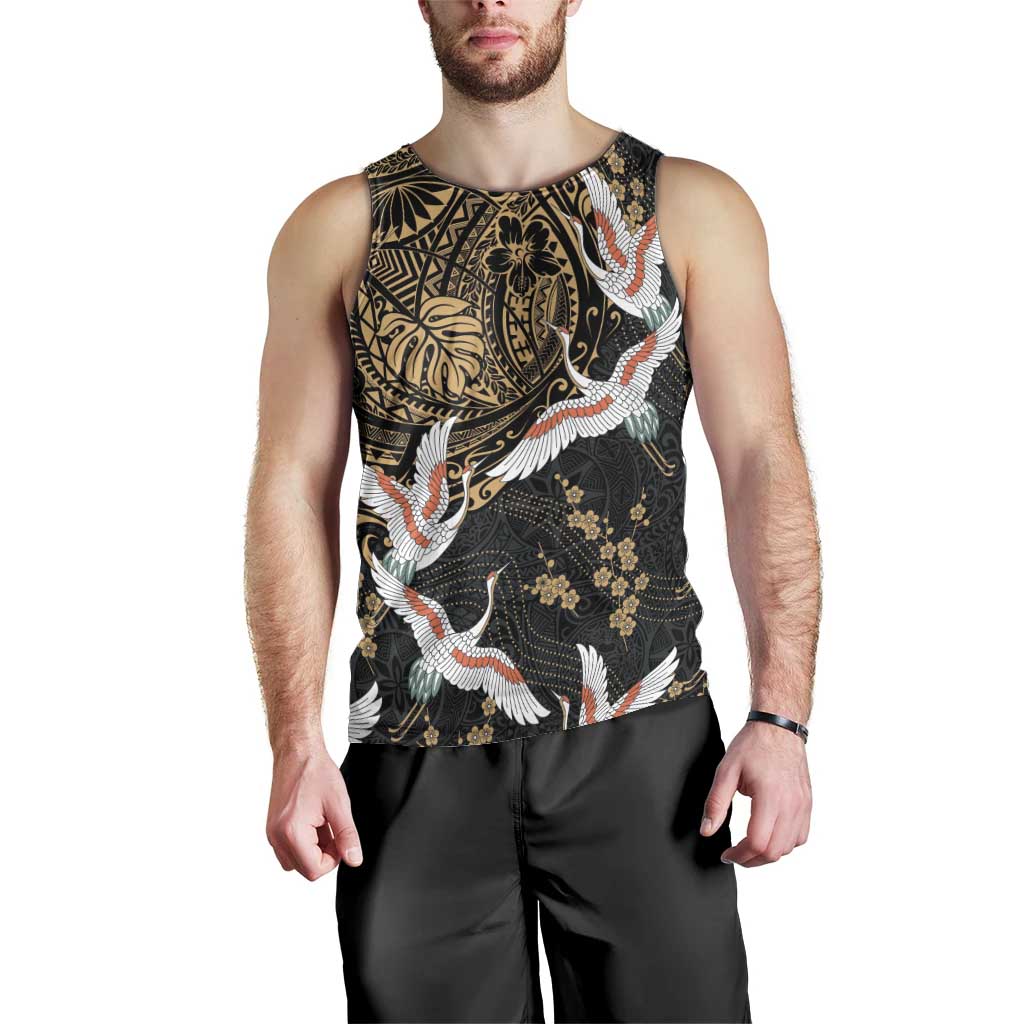 Hawaii and Japanese Together Men Tank Top Cranes Birds with Kakau Pattern