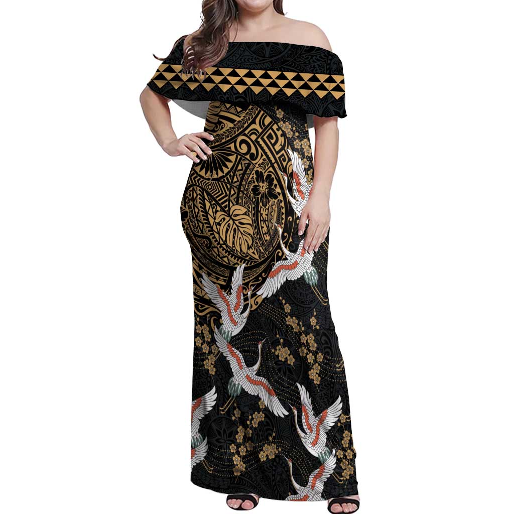 Hawaii and Japanese Together Off Shoulder Maxi Dress Cranes Birds with Kakau Pattern